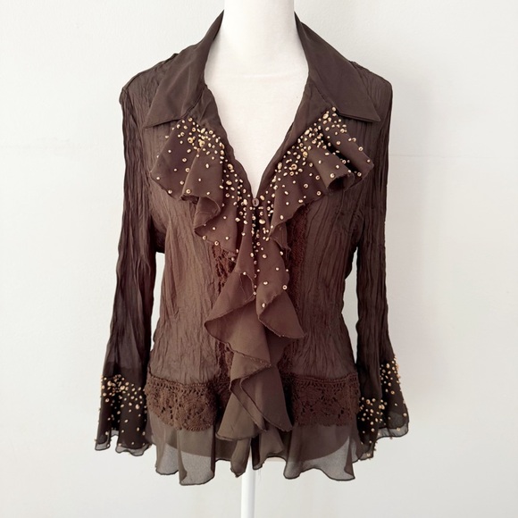 Vintage Womens Y2K Beaded Ruffle Crochet Button Down Top Large Fairy Woodland - Picture 1 of 9